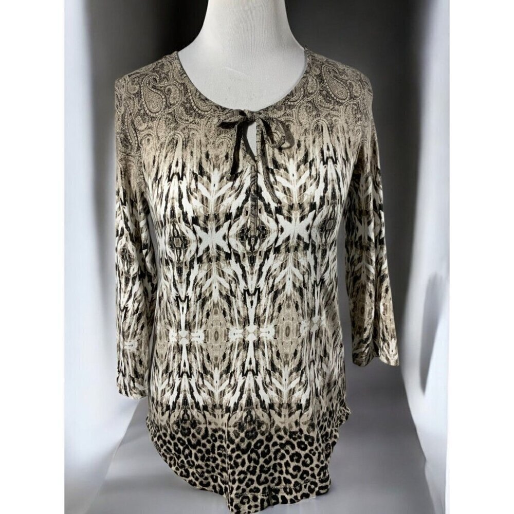 Chicos Brown Animal Leopard Paisley Print Quarter Sleeve Keyhole Tunic Top Small